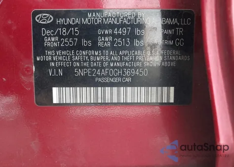2016 Hyundai Sonata Se z USA, uszkodzony, nr VIN 5NPE24AF0GH369450